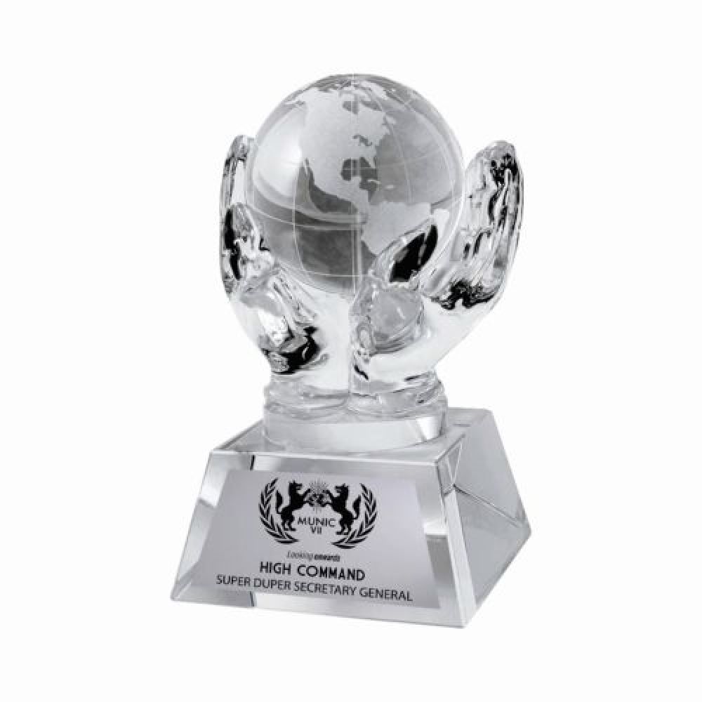 RECONOCIMIENTO DE CRISTAL MANOS CON EL MUNDO  ESPECIAL CON PLACA IMPRESIÓN SHINE COLOR imagen